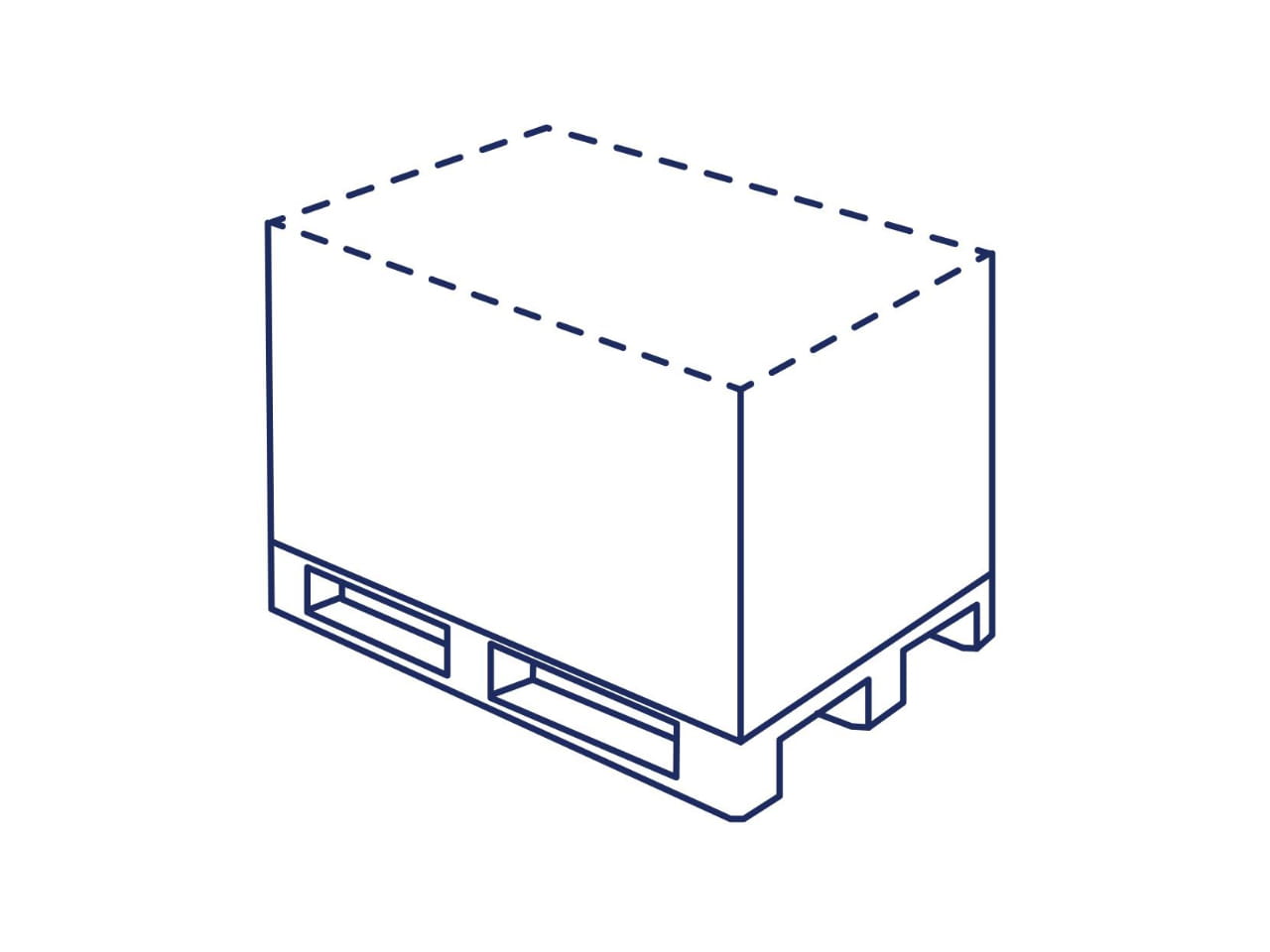 Ilustración técnica de un palé con una caja encima, mostrando líneas punteadas que indican las dimensiones para el cálculo del volumen